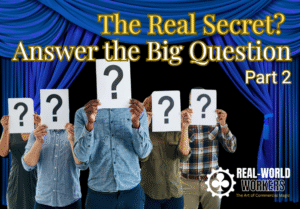 Audience and magicians hold up question marks during a magic workshop—image for Part 2 of a blog series on building magic premises.