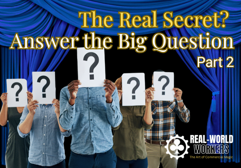 Audience and magicians hold up question marks during a magic workshop—image for Part 2 of a blog series on building magic premises.