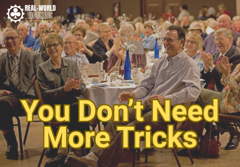Audience laughing and reacting during a close-up magic performance
